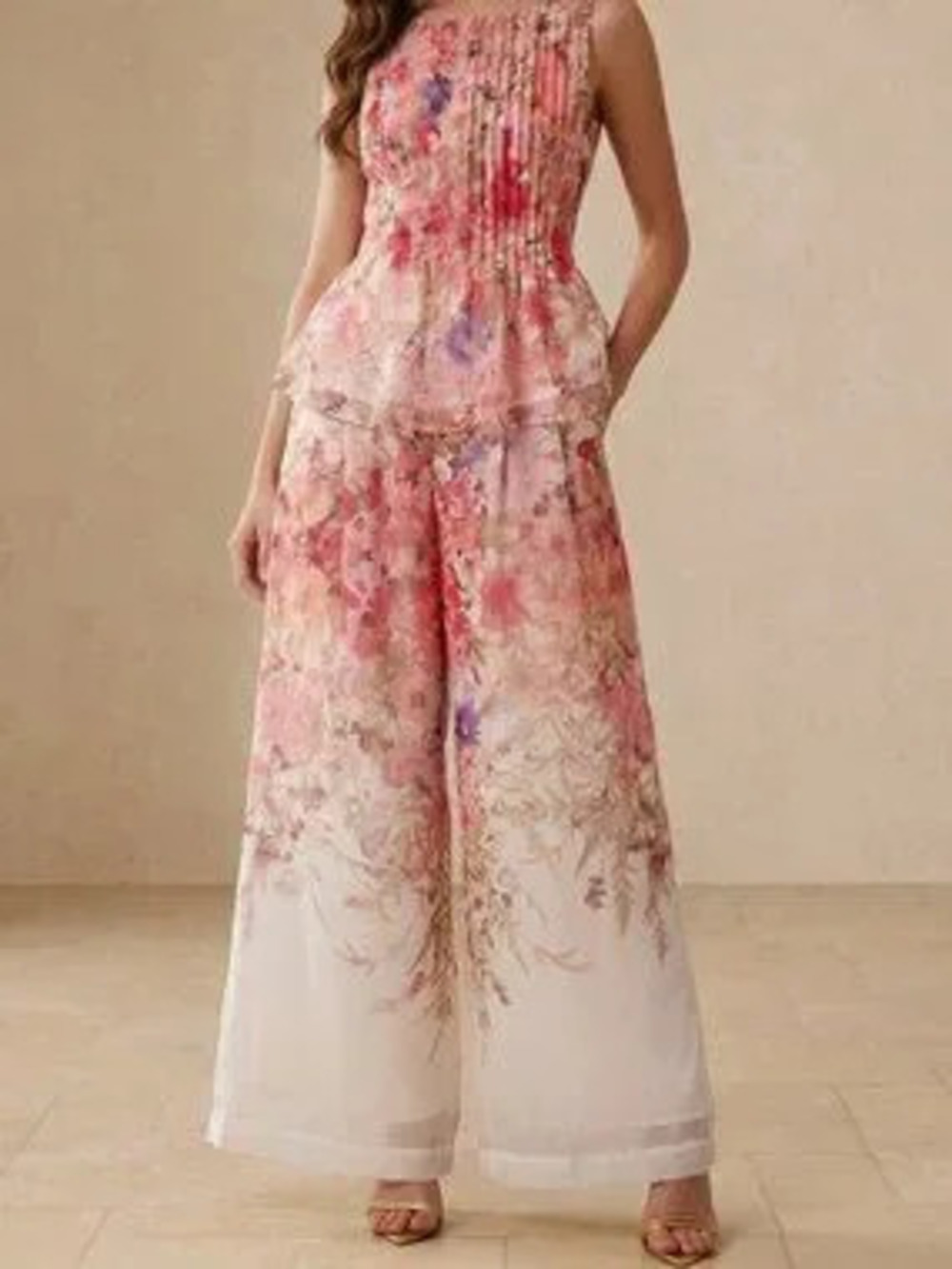 Pink Elegant Women's Floral Print Ruched Waist Top With Loose Wide Leg Pants